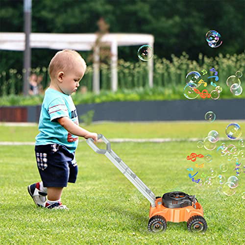 JUMELLA Lawn Mower Bubble Machine for Kids - Automatic Bubble Mower with Music， Baby Activity Walker for Outdoor， Push Toys for Toddler， Christmas Birthday Gifts for Preschool Boys Girls 2-6 Years Old