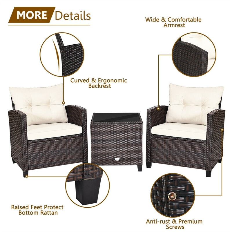 3 Pcs Rattan Patio Conversation Set Outdoor Wicker Sofa Set with Washable Cushions & Coffee Table