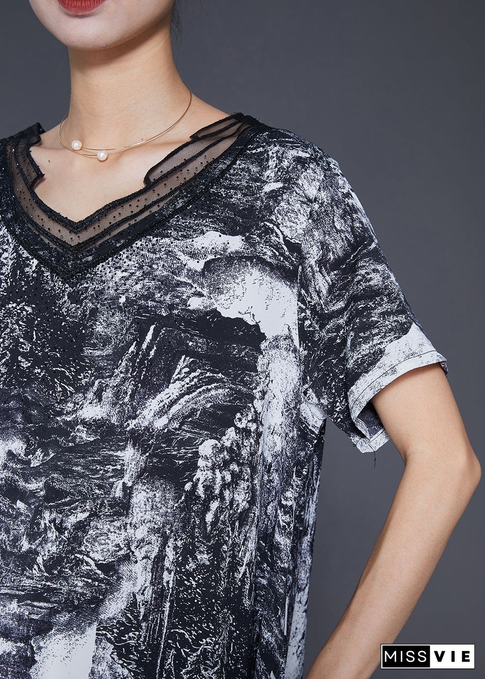 Natural Black Asymmetrical Tie Dye Chiffon Shirt Tops Summer