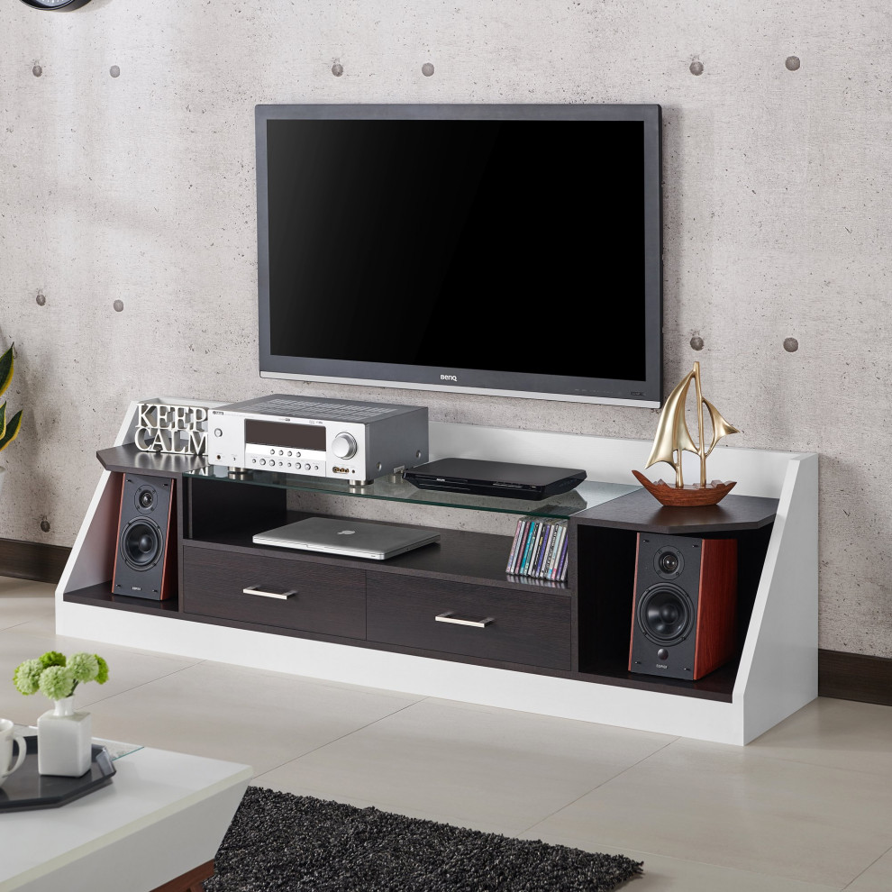 Transitional TV Console  Unique Design With Tempered Glass Top  Espresso/White   Transitional   Entertainment Centers And Tv Stands   by Declusia  Houzz