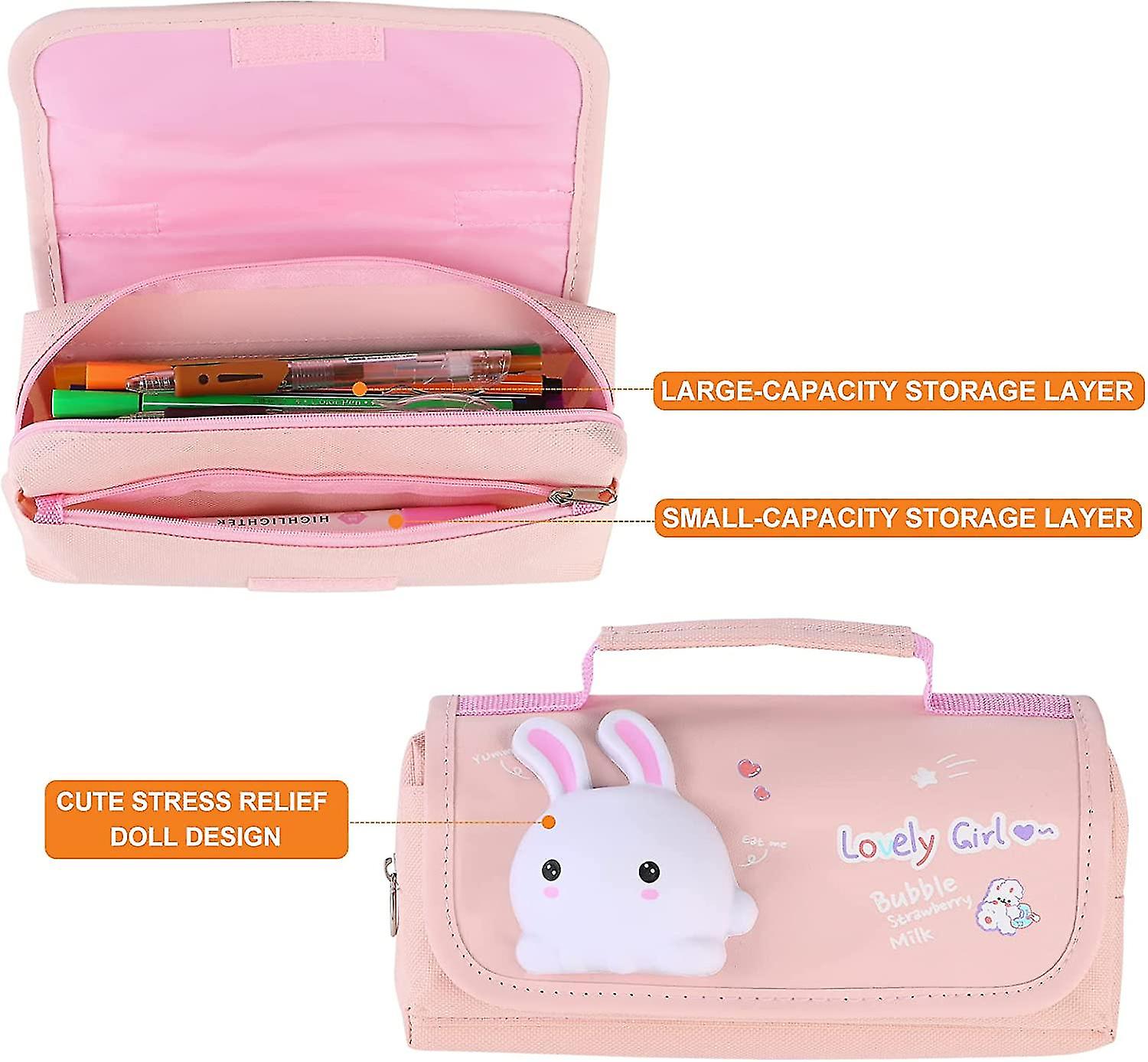 Veeki Pink Large Pencil Bag With Handle Kawaii Pencil Case For Girls With Decompression Doll Portable Large Pen Storage Bag For School