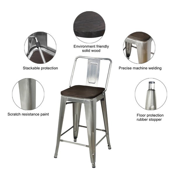 24 inch High Back Metal Stool with Dark Wooden Seat-Set of 4