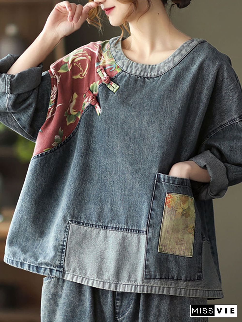 Women Retro Stitching Patchwork Print Floral Denim Sweatshirt