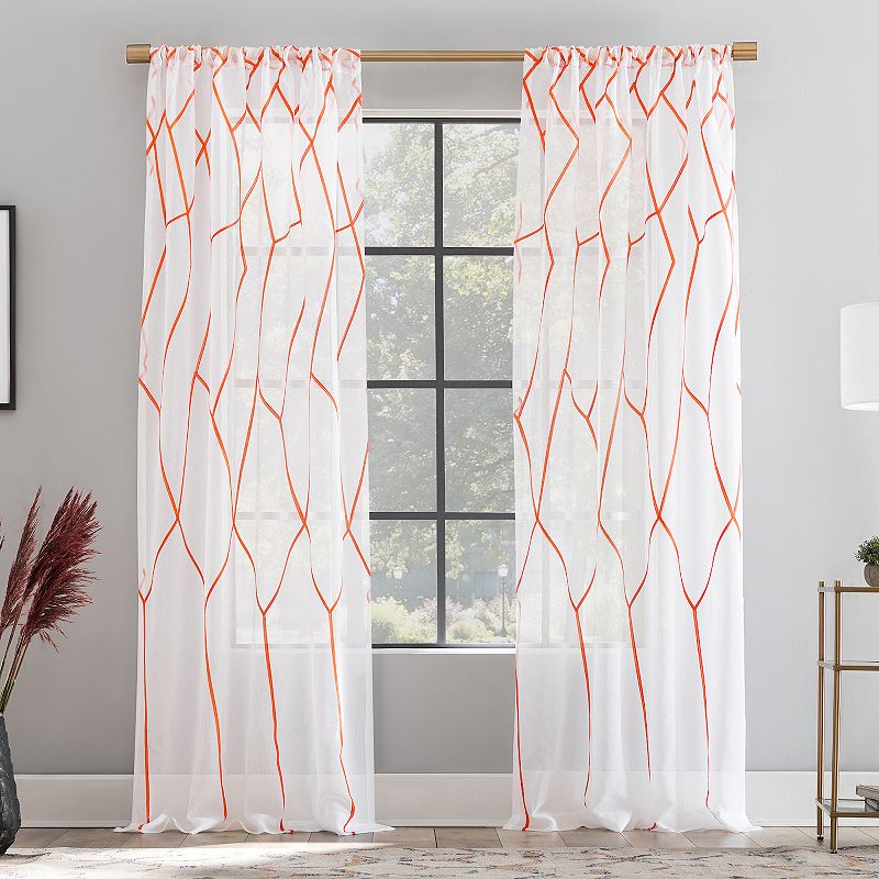 Scott Living Azlan Geometric Embroidery Sheer Rod Pocket Window Curtain