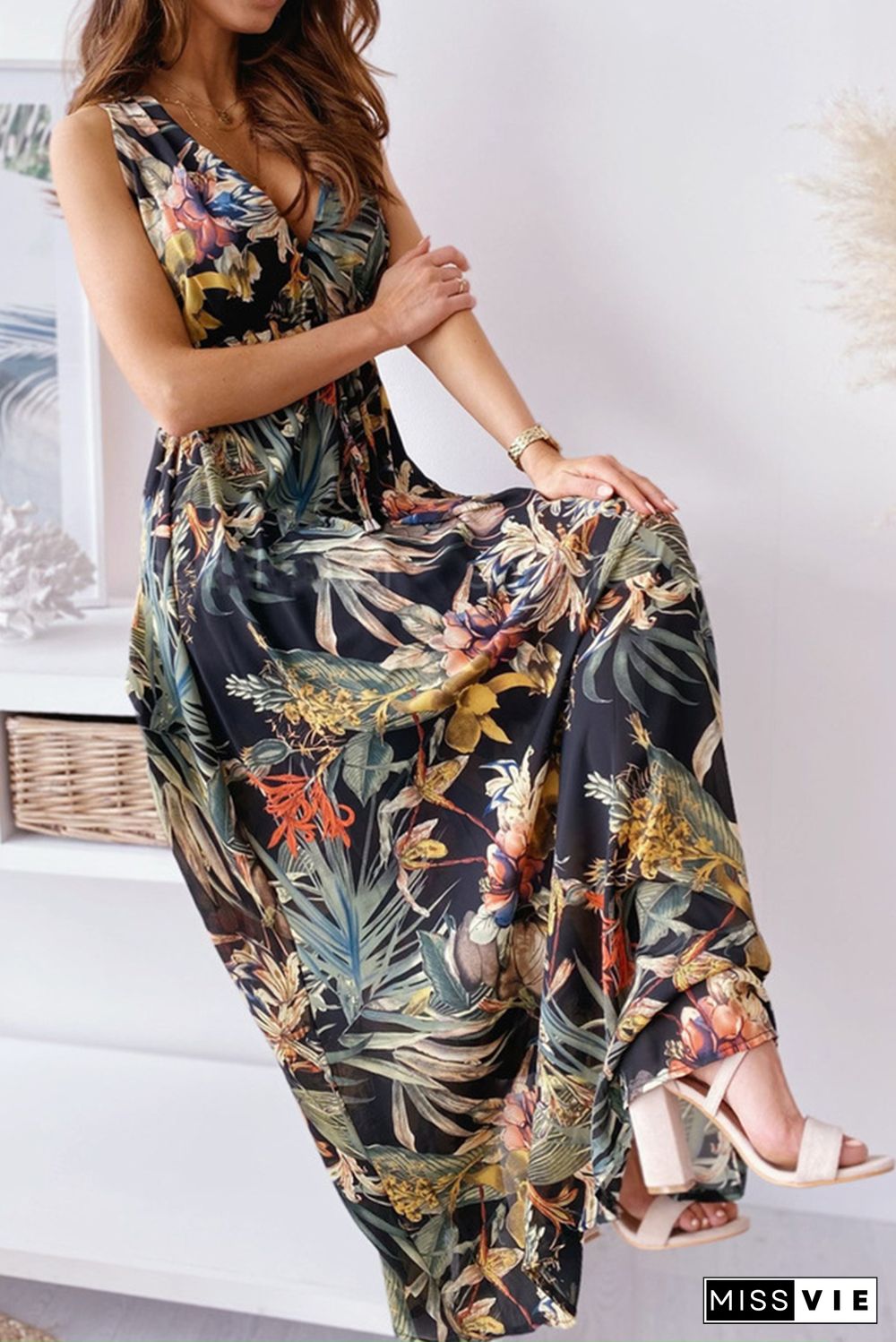 Casual Print Split Joint V Neck Waist Skirt Dresses