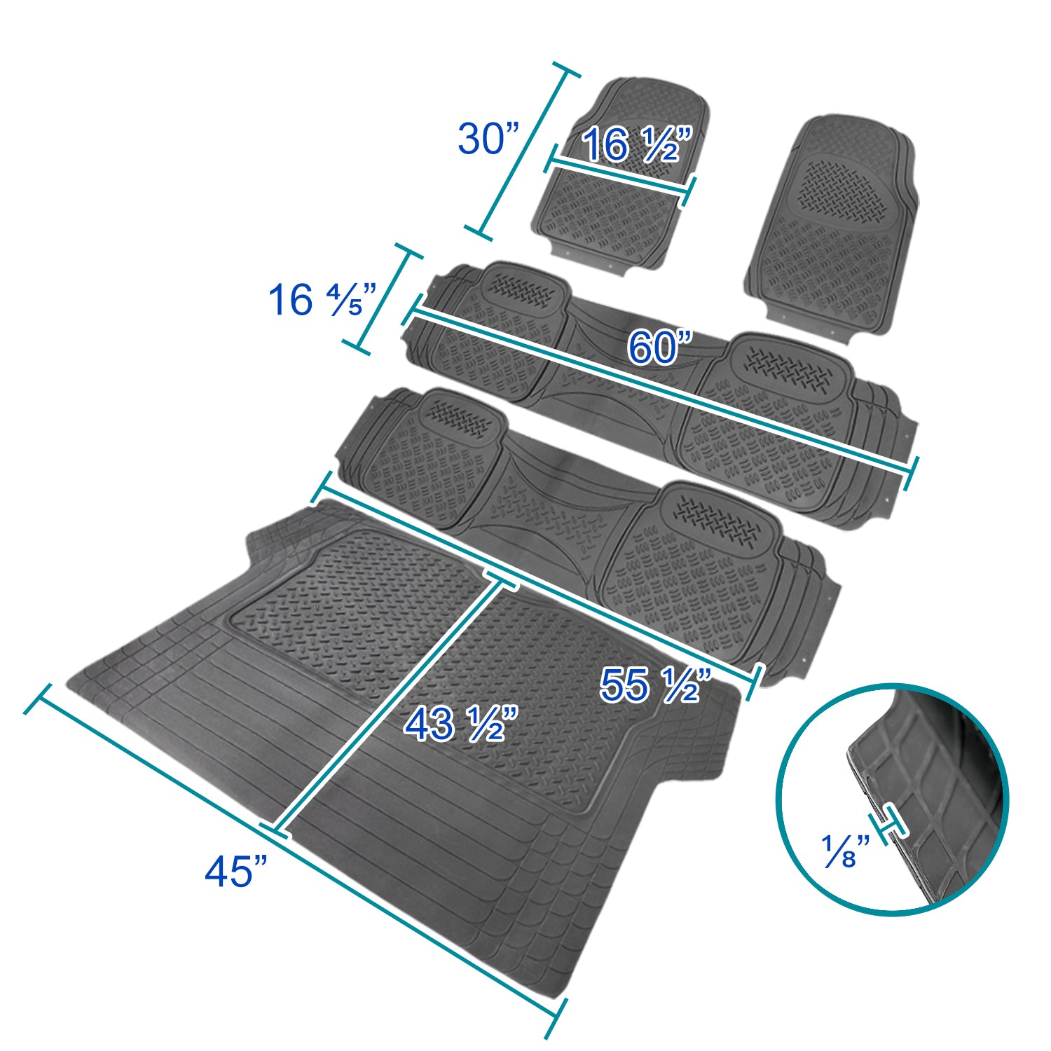 Spec-D Tuning Universal Fitment 5 Piece Gray Heavy Duty All Weather 3D Rubber Floor Mats Front + Rear + Trunk Truck SUV