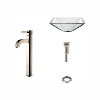 KRAUS Square Glass Vessel Sink in Clear with Ramus Faucet in Satin Nickel C-GVS-901-19mm-1007SN