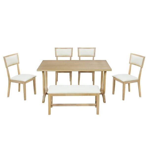 6Piece Trestle Dining Table Set w/ Upholstered Dining Chairs and Bench