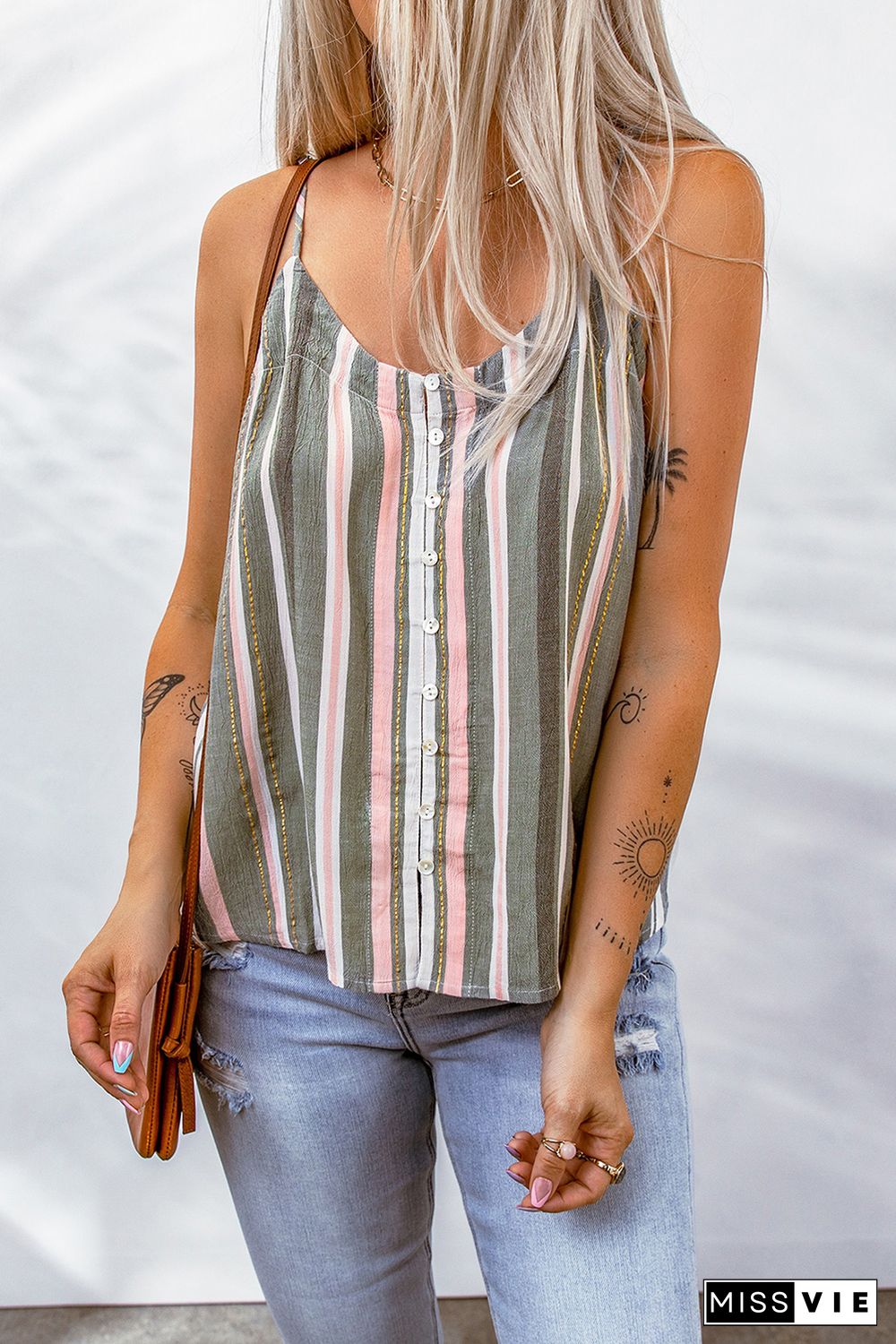 Color Block Striped Button Up Tank Top