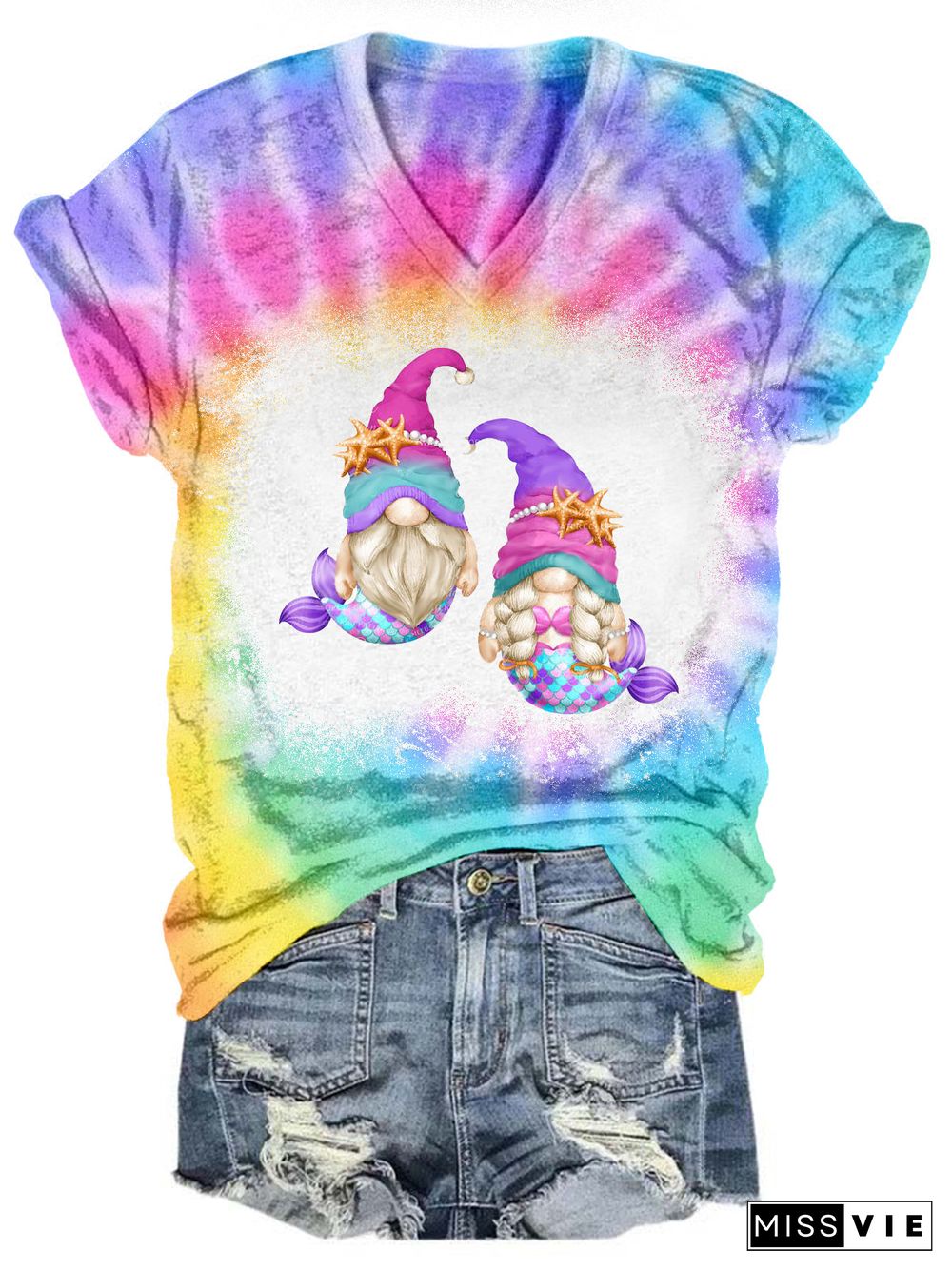 Mermaid Gnomes Tie Dye V Neck T-shirt