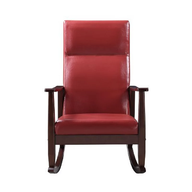 Rocking Chair with Leatherette Seating and Wooden Frame， Red