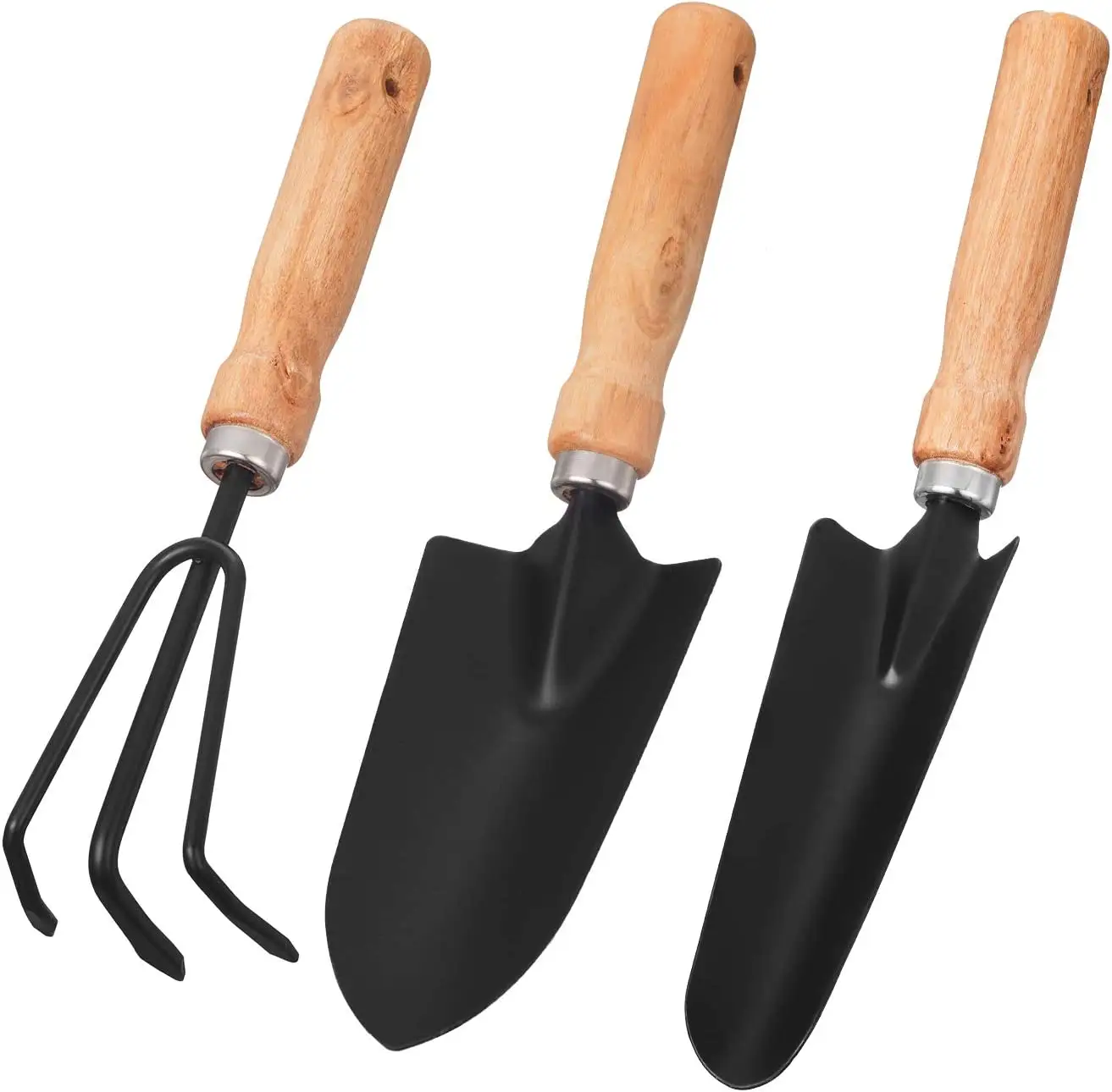 Popular 3pcs garden tool set with wooden handle carbon steel blade include shovel rake trowel for woman gardening plant kits