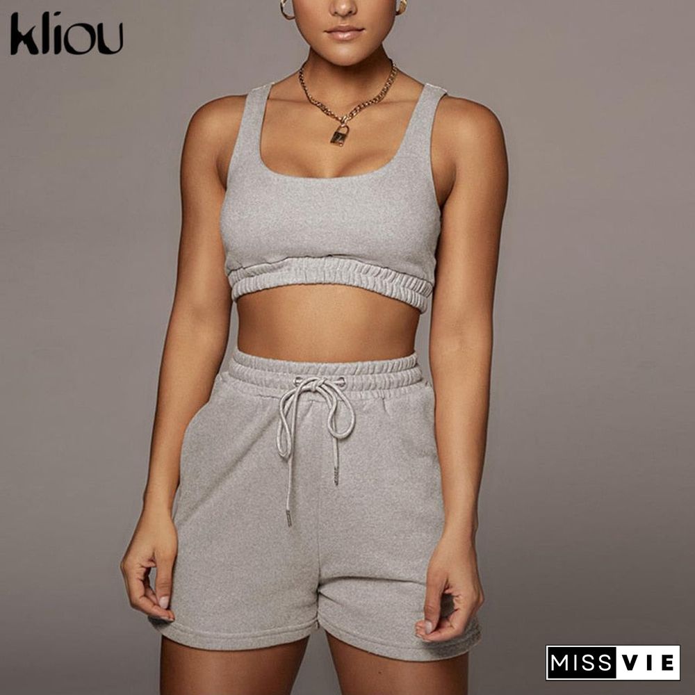 Kliou Casual Solid Sportswear Two Piece Sets Women Crop Top And Drawstring Shorts Matching Set Summer Athleisure Outfits