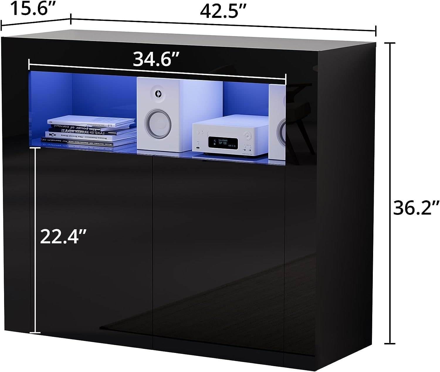 High Glossy Buffet Cabinet Sideboard Storage Cabinet Bar Cabinet with LED Lights Adjustable Shelf and 2 Doors