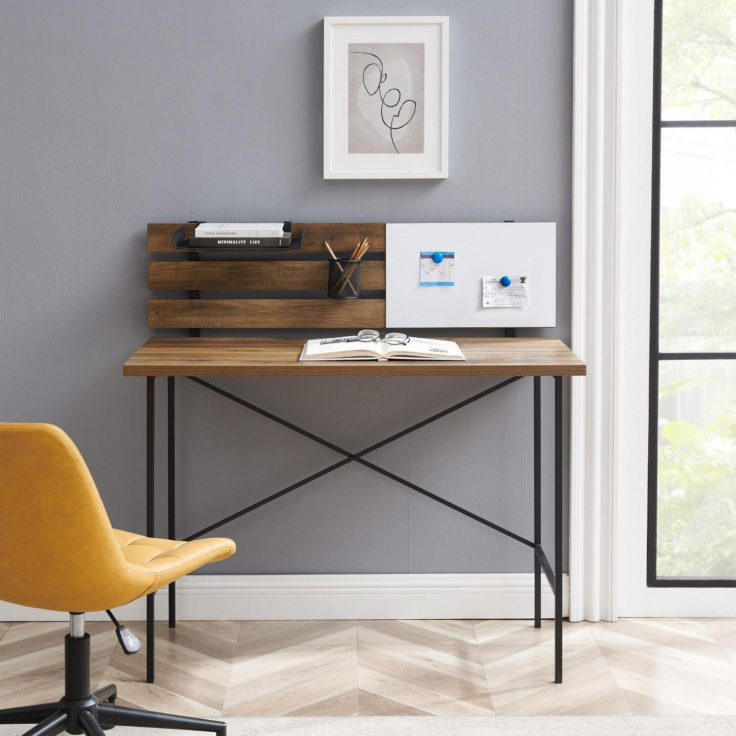 Manor Park Modern Writing Desk With Slat Back Adjustable Storage  Reclaimed Barnwood