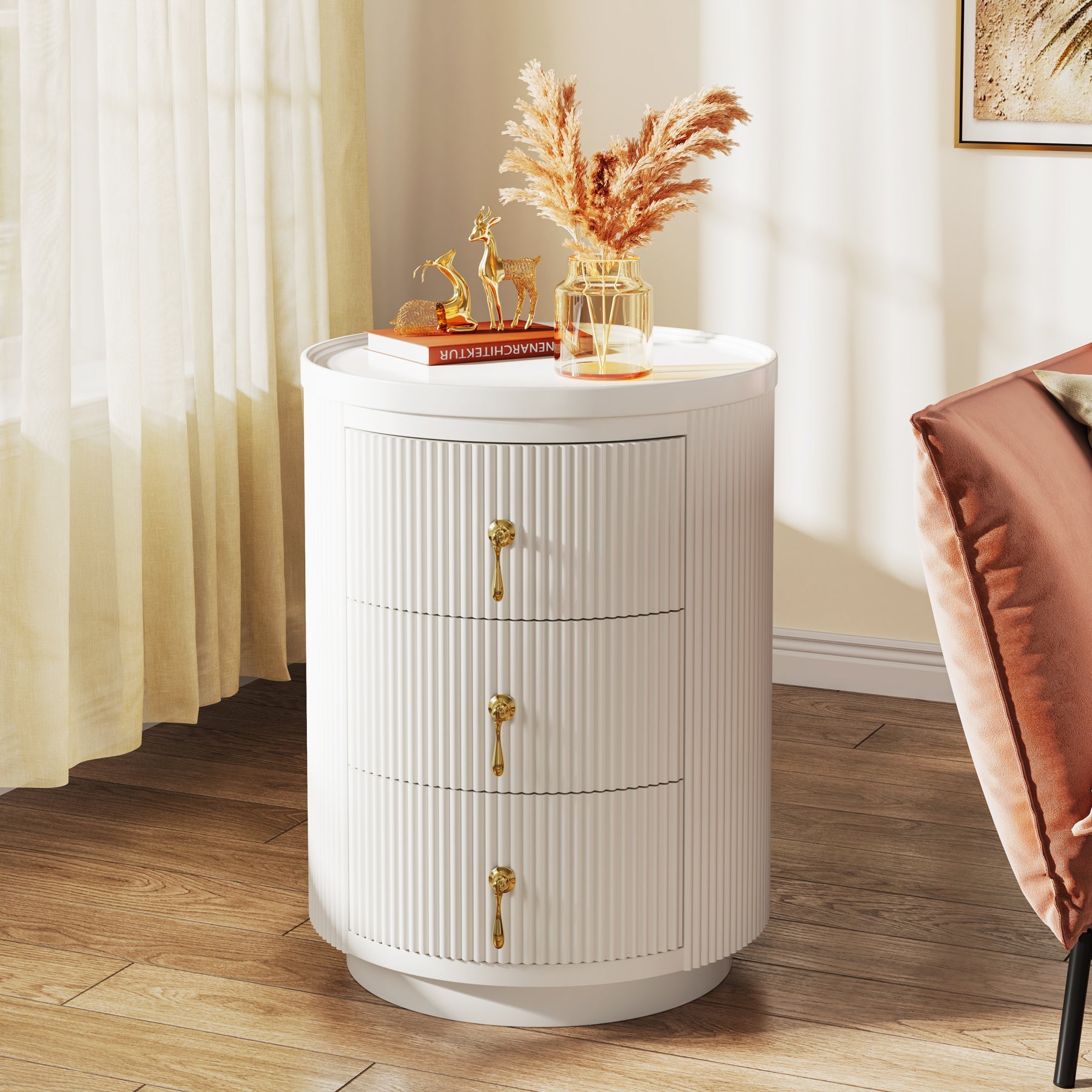 3 Drawers Nightstand, Modern Round Side End Table with Storage