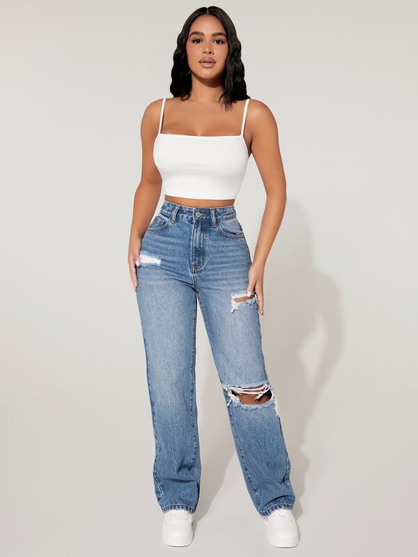 High Waist Cut Out Ripped Frayed Straight Leg Jeans