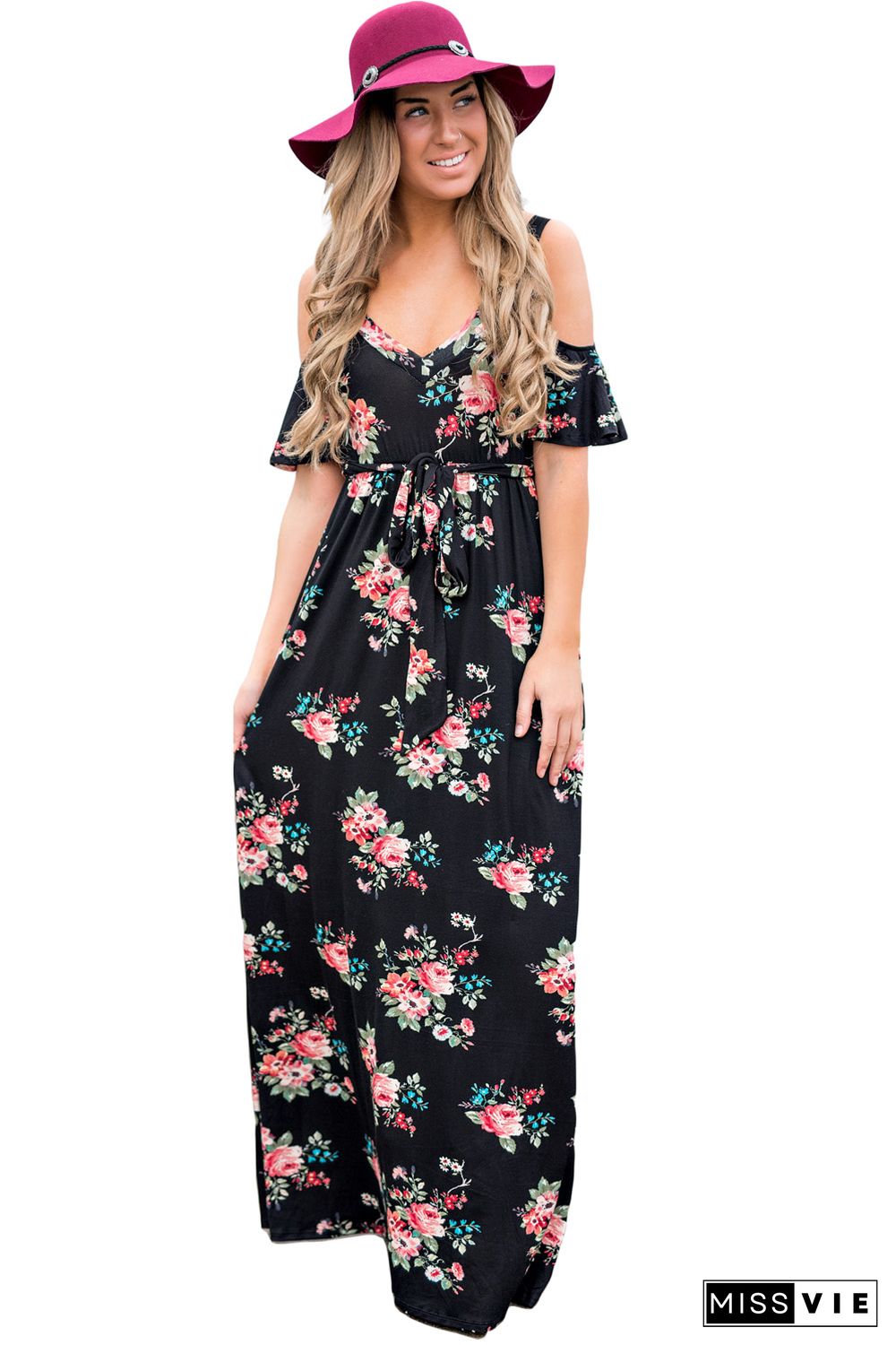 Black Cold Shoulder High Waist Floral Dress with Belt