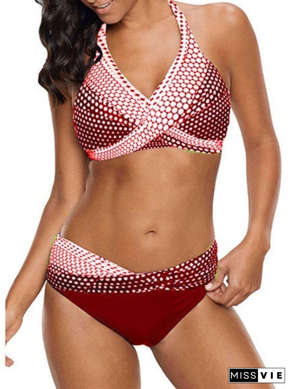 Women Polka Dot Sleeveless V-neck Bikini Swimwear