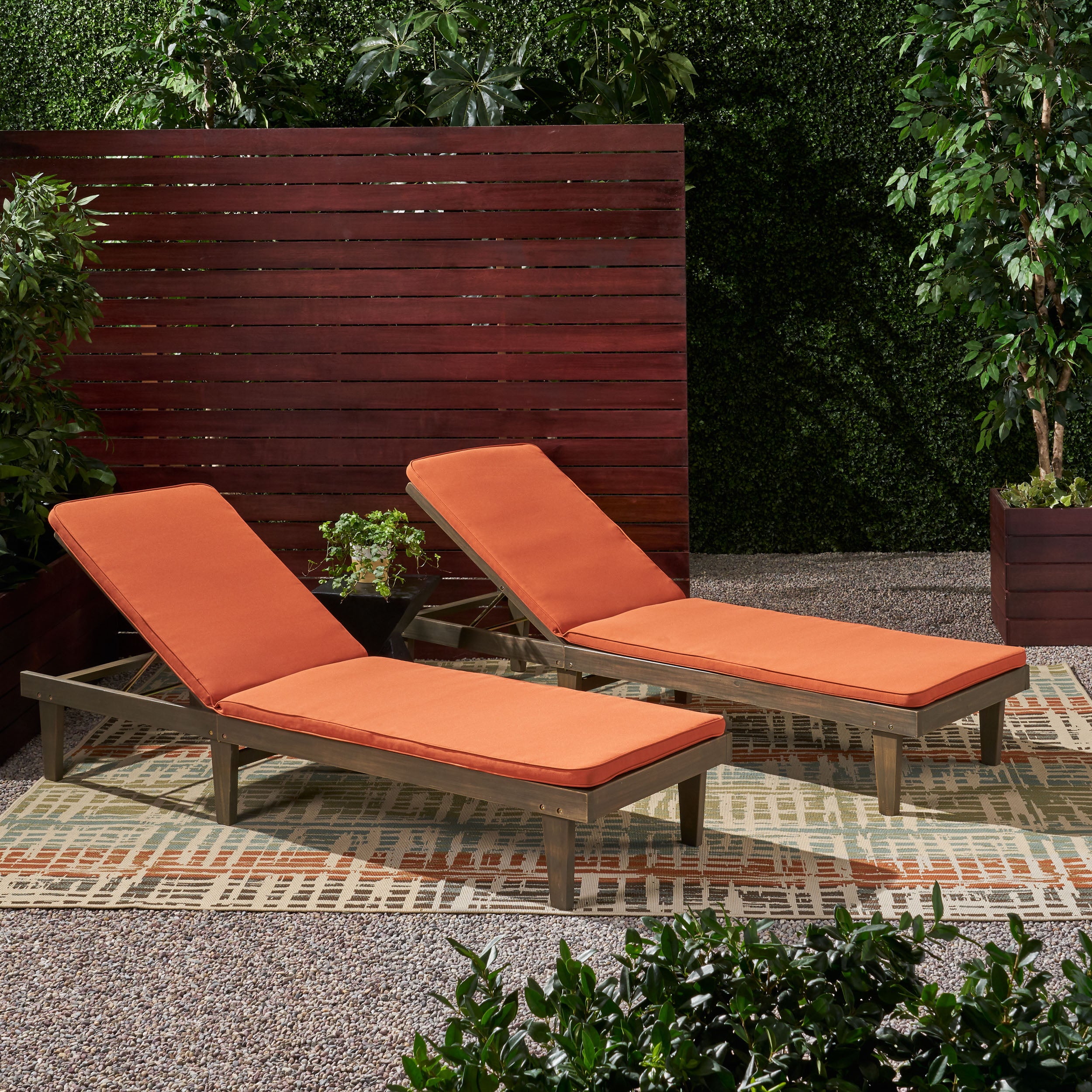 Nadine Outdoor Modern Acacia Wood Chaise Lounge with Cushion (Set of 2)