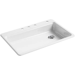 KOHLER Riverby Drop-In Cast Iron 33 in. 4-Hole Single Basin Kitchen Sink in White K-8689-4-0