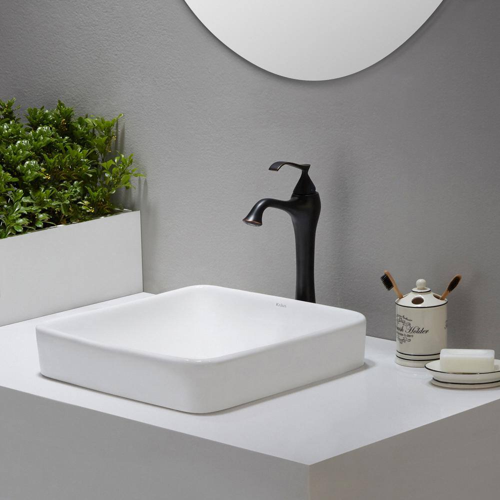 KRAUS Elavo Series Square Ceramic Semi-Recessed Bathroom Sink in White with Overflow KCR-281