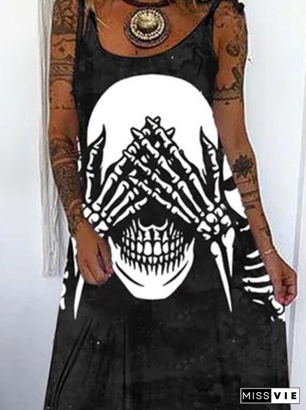 Women'S Dresses Skull Print Loose Belted Maxi Dress