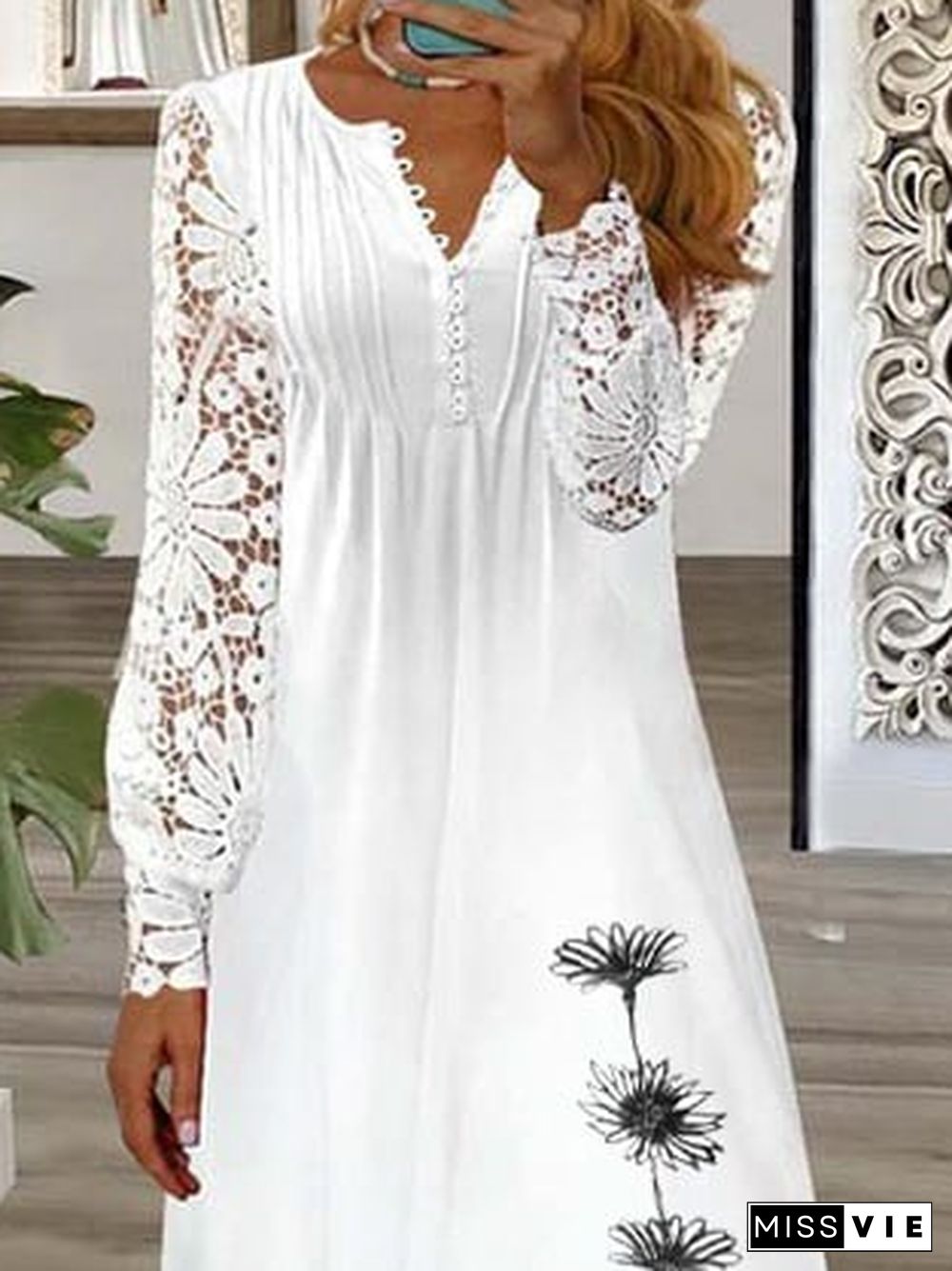 Floral Casual V-Neck Lace Loose Dress