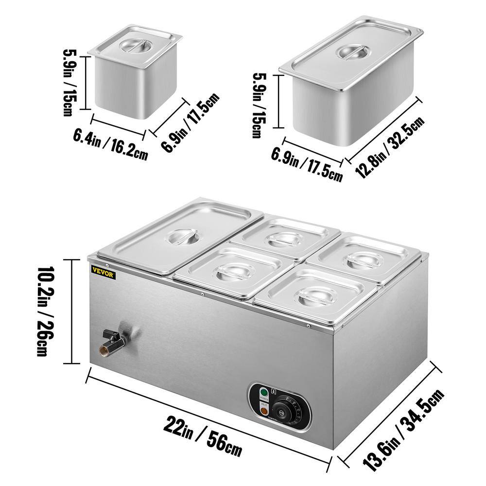 VEVOR 6 in. Deep Commercial Food Warmer 1 x 13GN and 4 x 16GN 5-Pan Stainless Steel Bain Marie Steam Table 13.7 Qt. 1500Watt PT5BM-63A110V30DUV1