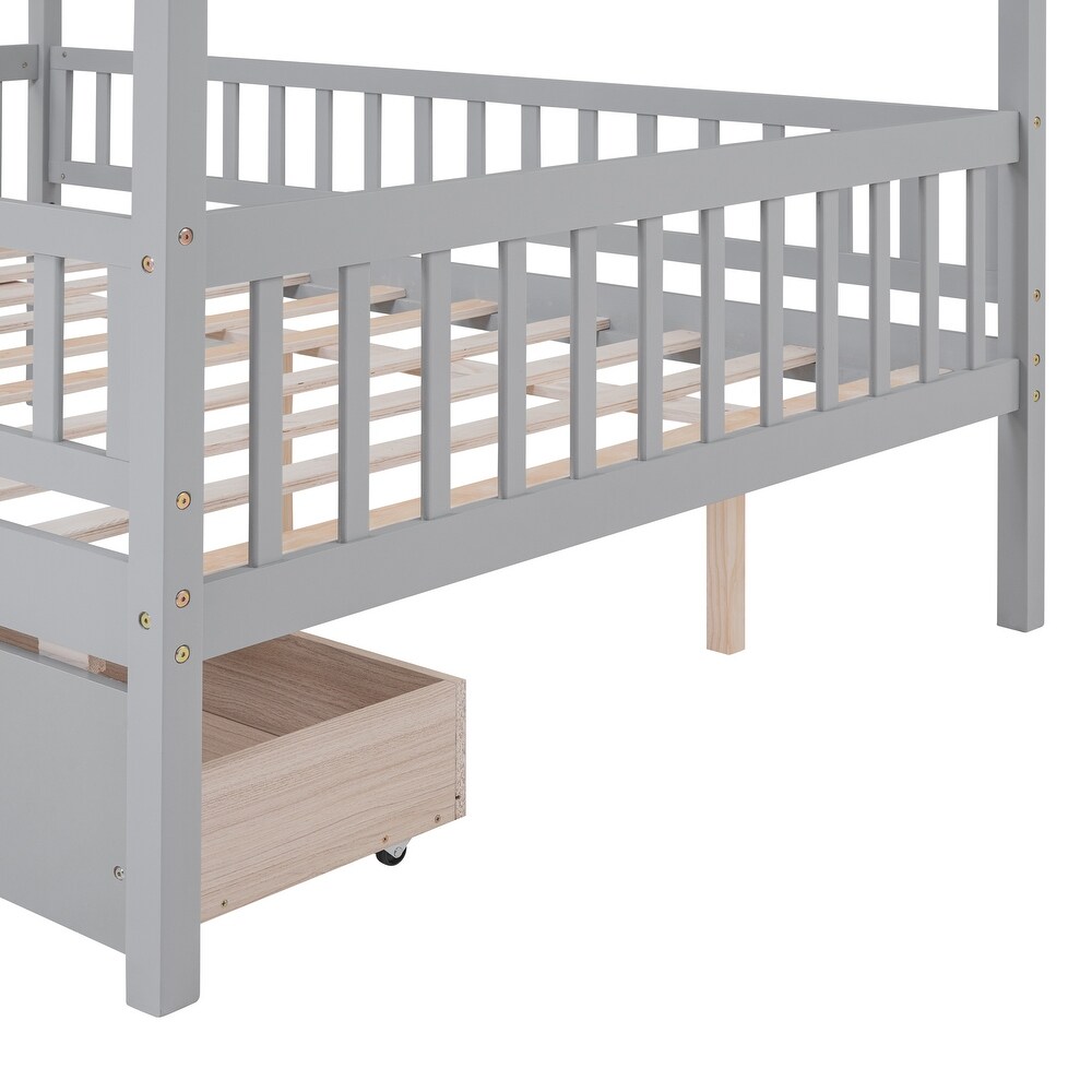 Full Size Wood Daybed with 2 Storage Drawers and Fence Guardrails  Kid's Bed with Wood Slats and House Shaped Frame