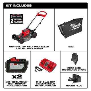 MW M18 FUEL Brushless Cordless 21 in. Walk Behind Dual Battery Self-Propelled Mower w(2) 12.0Ah Battery and Rapid Charger 2823-22HD