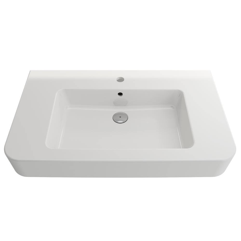 BOCCHI Parma Wall-Mounted White Fireclay Bathroom Sink 33.5 in. 1-Hole with Overflow 1124-001-0126