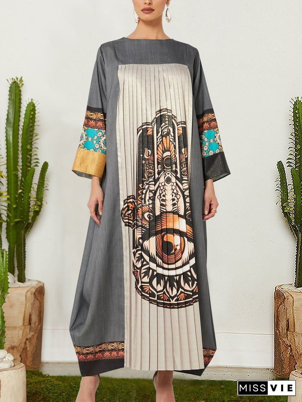 Gray Pleated Printed Long Sleeve Robe Dress