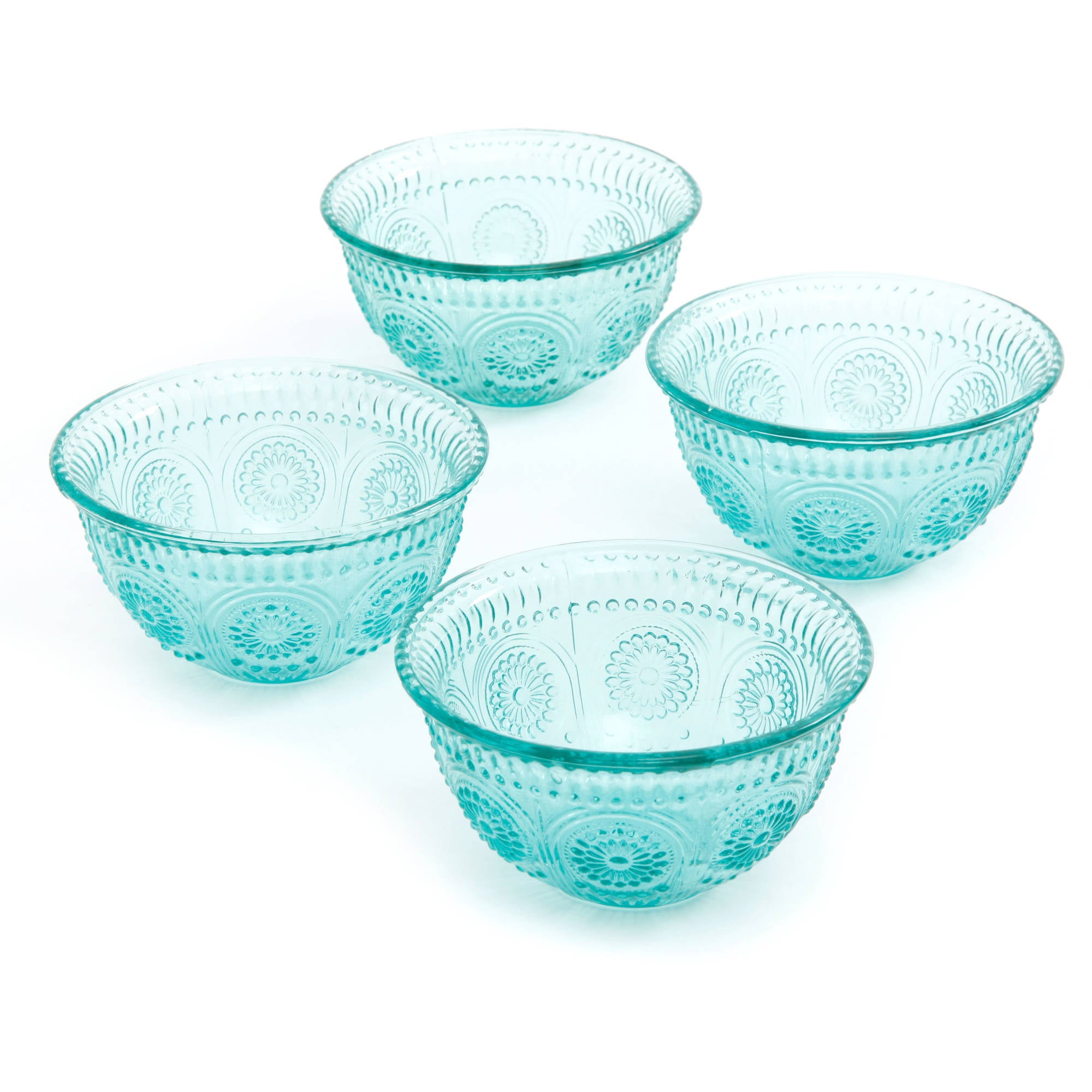 The Pioneer Woman Adeline 4-Piece 13-Ounce Embossed Glass Bowl Set， Teal