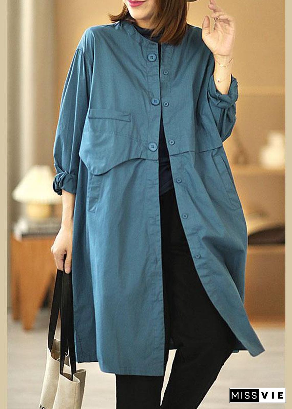 Chic Blue Stand Collar Button Pockets Fall Cotton Coats Long sleeve