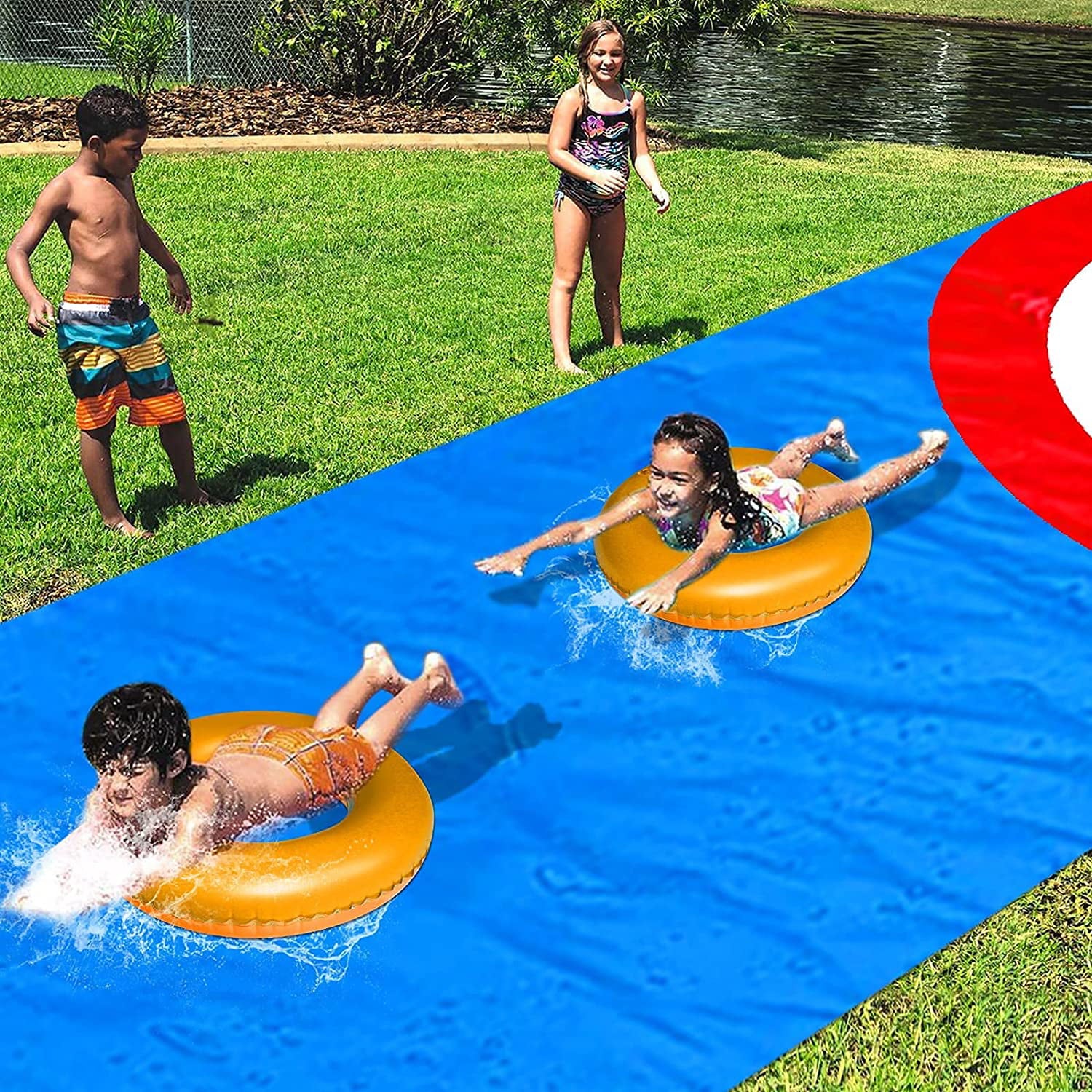 Kids Slip and Slide Water Slide 33ft x 59in Backyard Waterslide with Inflatable Pool Floats Outdoor Water Toys Sliding Racing Lane for Adults Summer Yard Lawn Games