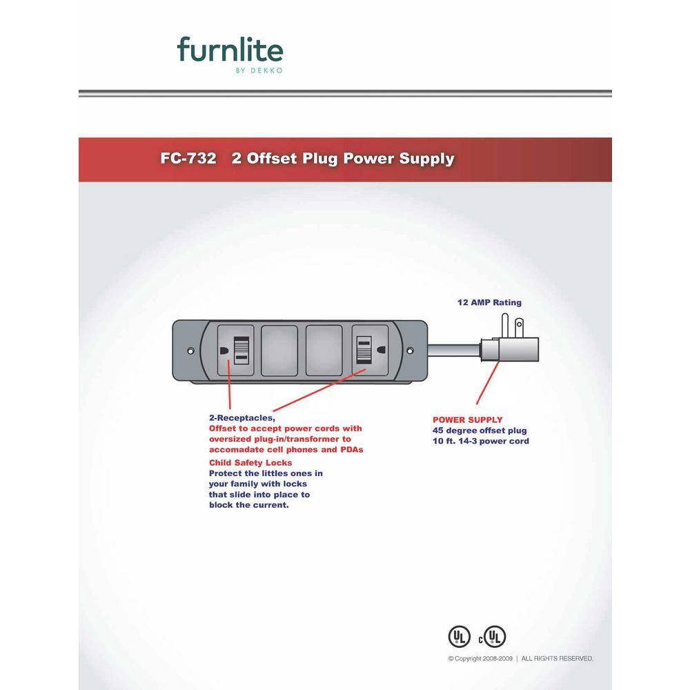 10 ft. 143 Black Power Supply Cord Recess Mount 2-Outlet with 45-Degree Offset Plug 76.FC-732