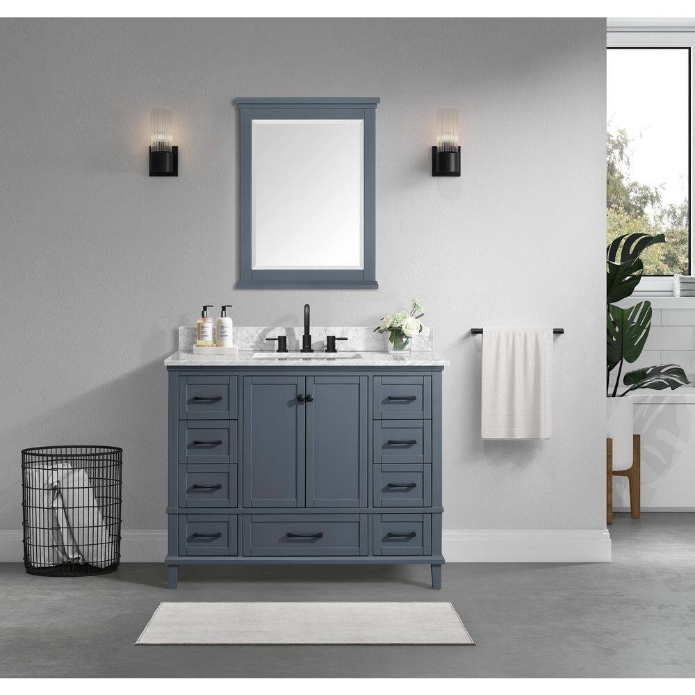 Home Decorators Collection Merryfield 43 in. W x 22 in. D x 35 in. H Freestanding Bath Vanity in Dark Blue-Gray with Carrara White Marble Top 19112-VS43-DG