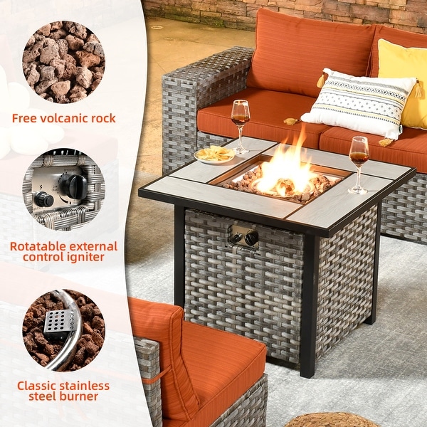 OVIOS Patio Wicker Furniture Wide Arm 7piece Fire Pit Set with Table