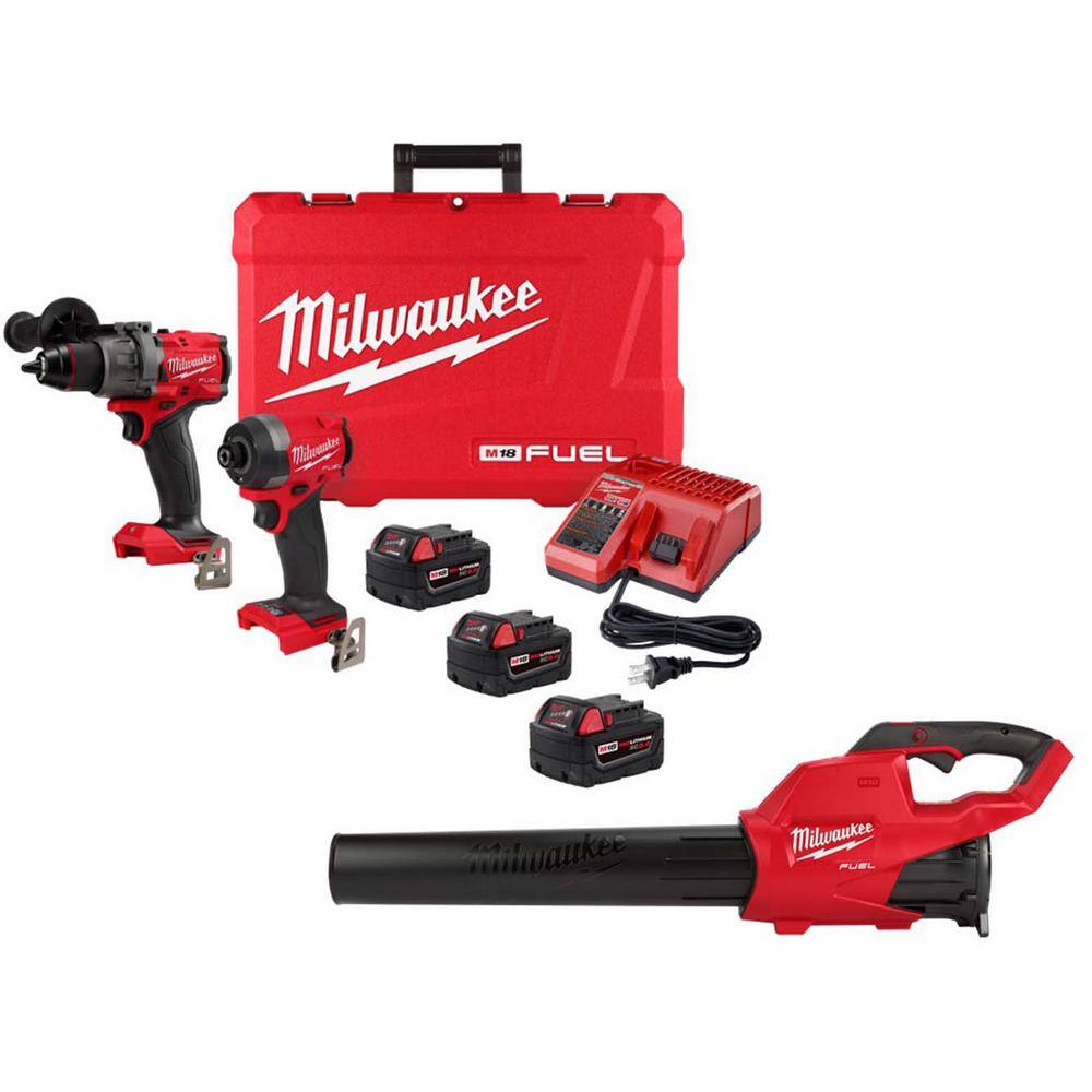 MW M18 FUEL 120 MPH 450 CFM 18V Brushless Cordless Handheld Blower wM18 Hammer DrillImpact Driver Combo Kit 5Ah Battery 2724-20-3697-22-48-11-1850