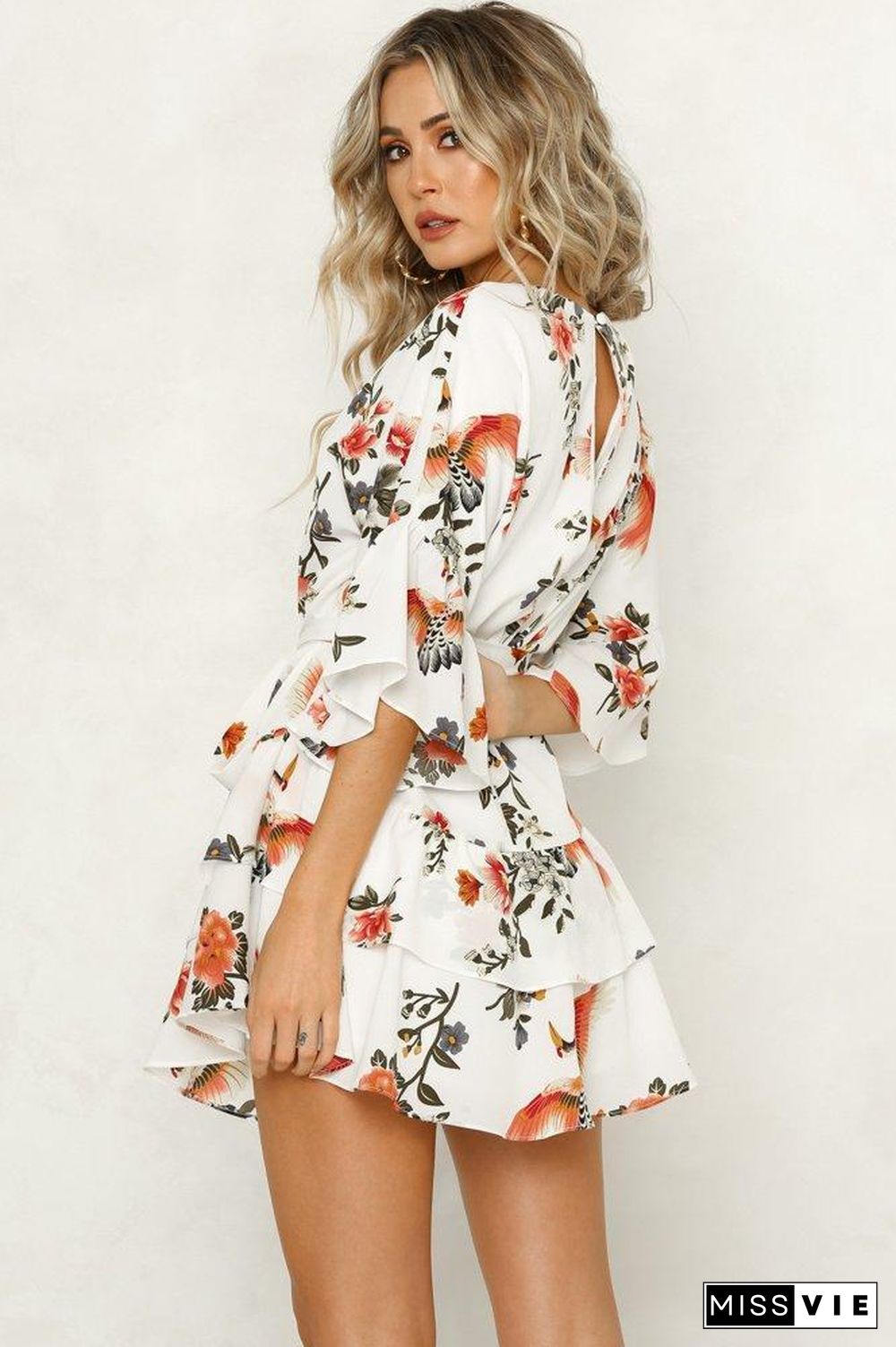 White 3/4 Length Sleeve Floral Pleated Hem Mini Dress