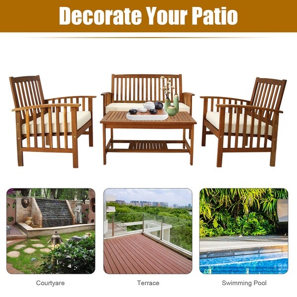 4 Piece Outdoor Patio Conversation Set with Soft Cushions and Coffee Table