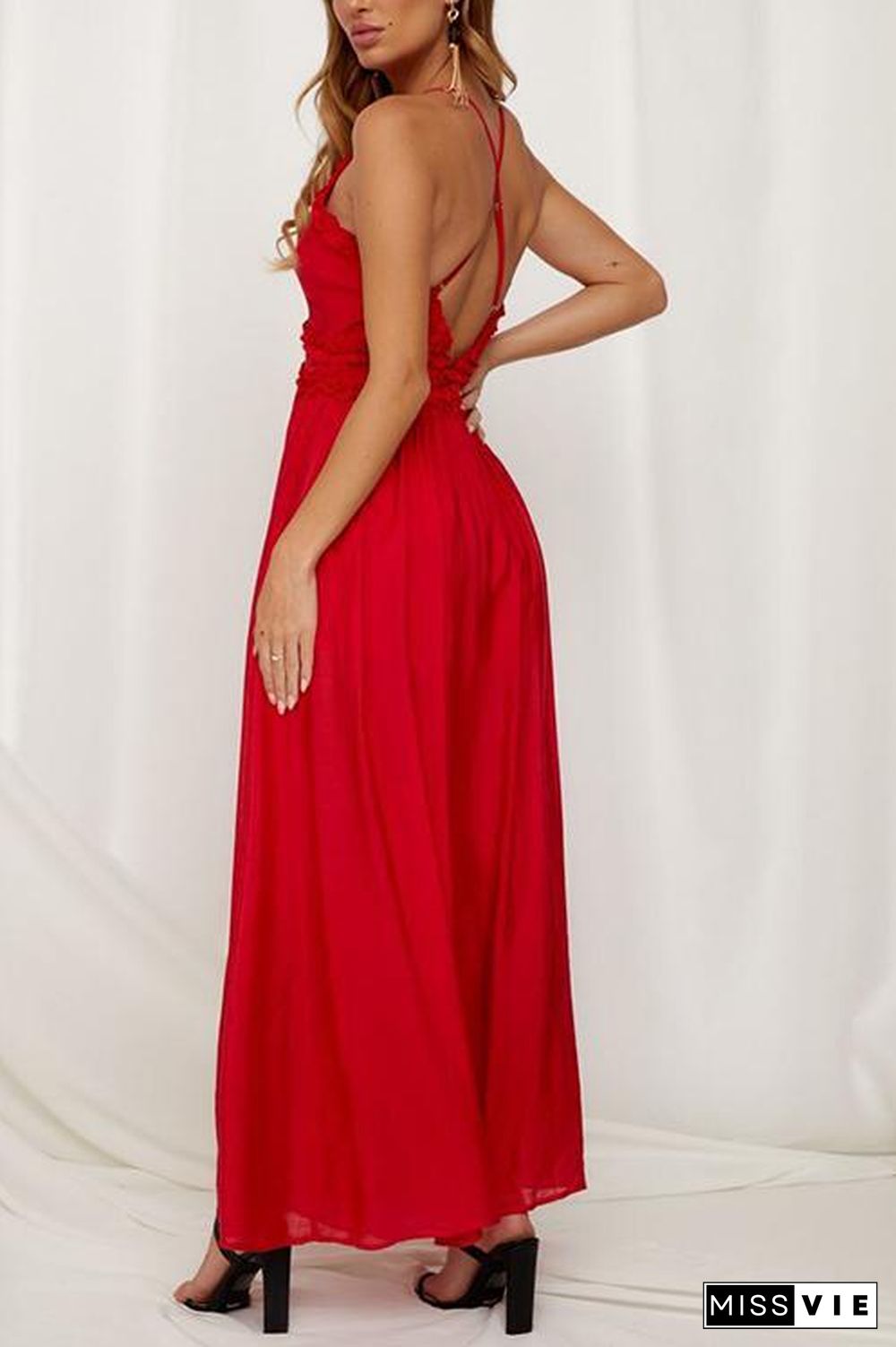 Ruffles V Neck Backless Slip Jumpsuits