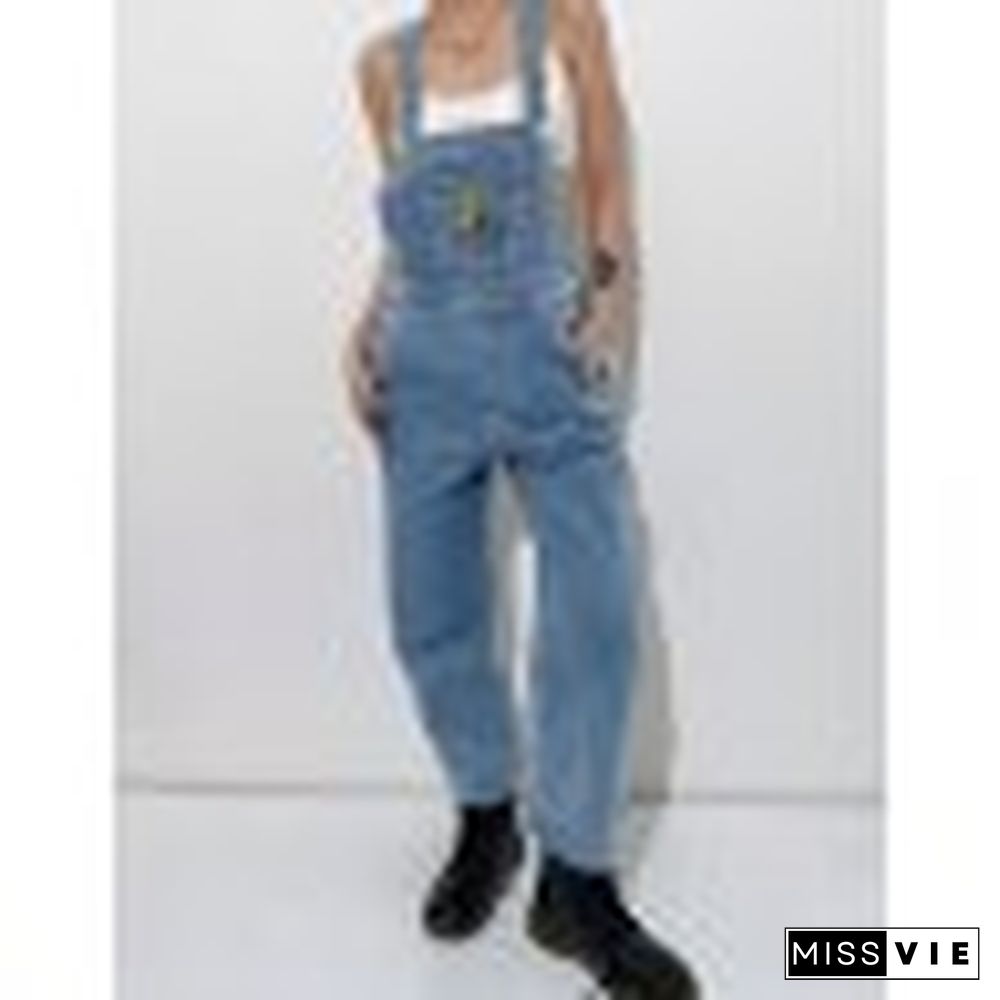 Embroidered Pocket Denim Overalls Jeans