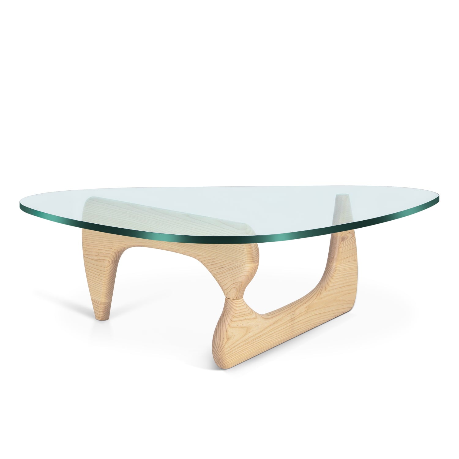 1inchome Triangle Glass Coffee Table with 0.8 inches Thick Tempered Glass, Solid Wood Base Table, Natural Wood