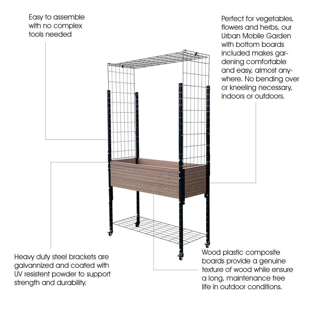 EverBloom 19 in. D x 81 in. H x 45 in. W Brown and Black Composite Mobile Garden Planter Raised Bed w/Trellis Arch and Under Shelf K2102