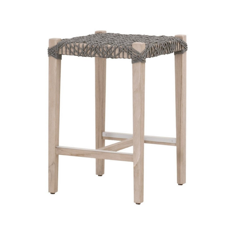 Tinsy 26 Inch Wood Patio Backless Counter Stool with Rope Woven Seat， Gray - 17.5L x 17.25W x 26H