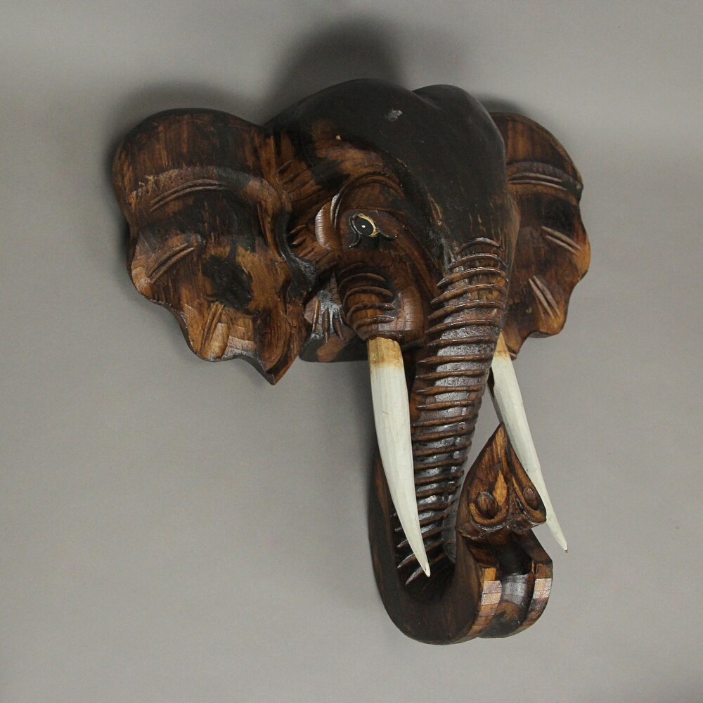 Carved Wood African Elephant Head Bust Wall Sculpture With Stand   17.5 X 16.5 X 9.75 inches