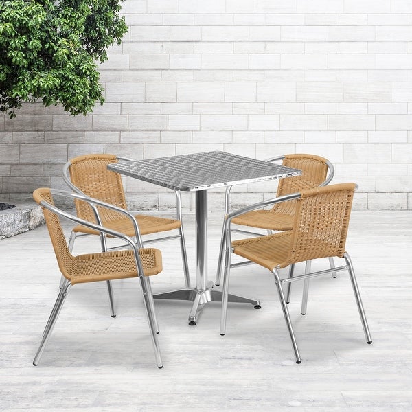 27.5'' Square Aluminum Indoor-Outdoor Table Set with 4 Rattan Chairs