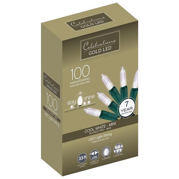 Celebrations Gold Led Mini Cool White 100 Ct String Christmas Lights 33 Ft